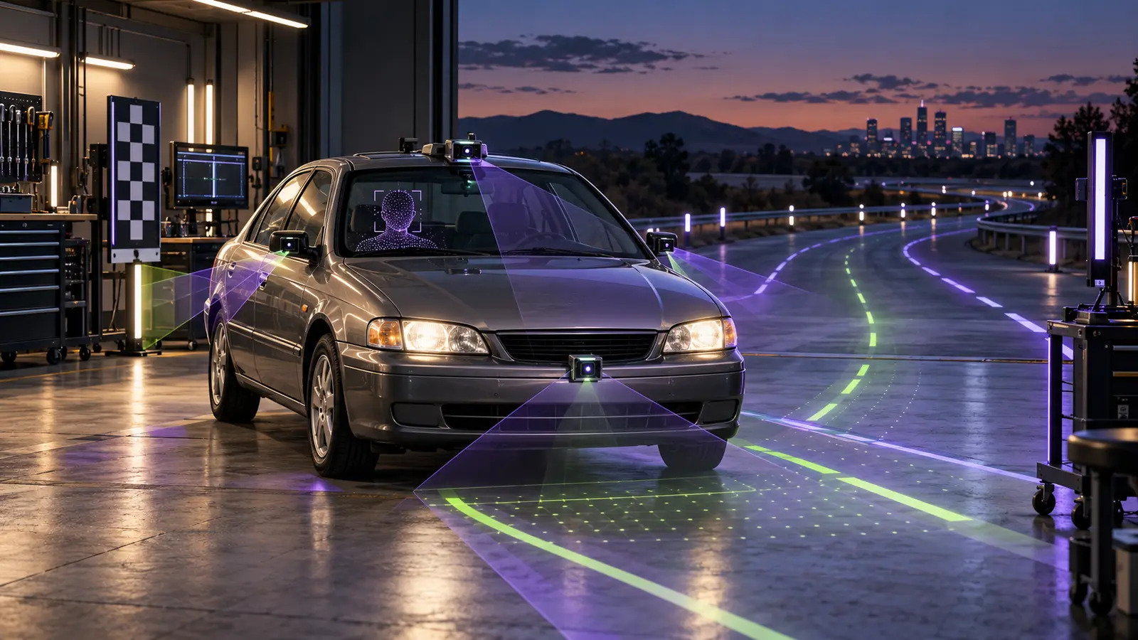 Illustration: a silver sedan in a workshop bay at dusk, with violet sensor light on the floor ahead of it, calibration targets beside it and a road leading out of the open door