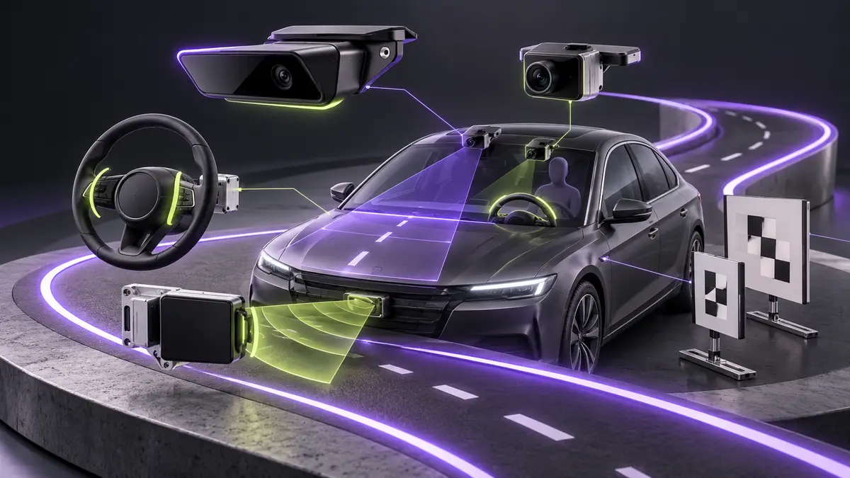 Illustration: a dark sedan on a looping test track with a windshield camera, a driver camera, a steering wheel and a front sensor floating around it, beside two checkerboard calibration targets